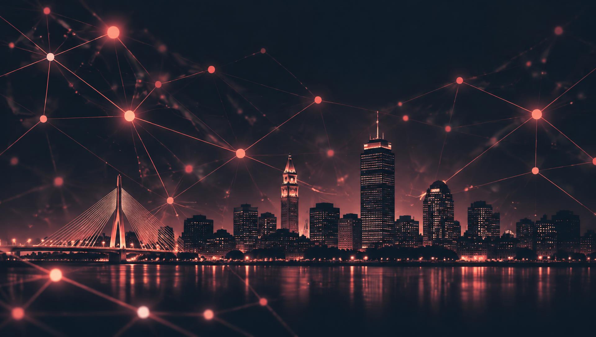 Boston skyline at night woven into a glowing coral network of automation nodes